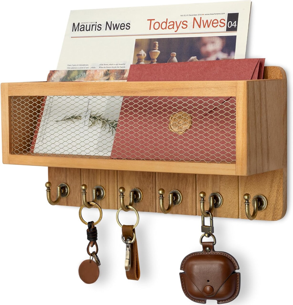 Farmhouse Key and Mail Holder for Wall with Mesh Mail Basket : Decorative Mail Organizer Wall Mount with 6 Retro Key Hooks - Rustic Home Decor for Entryway (Light Brown)